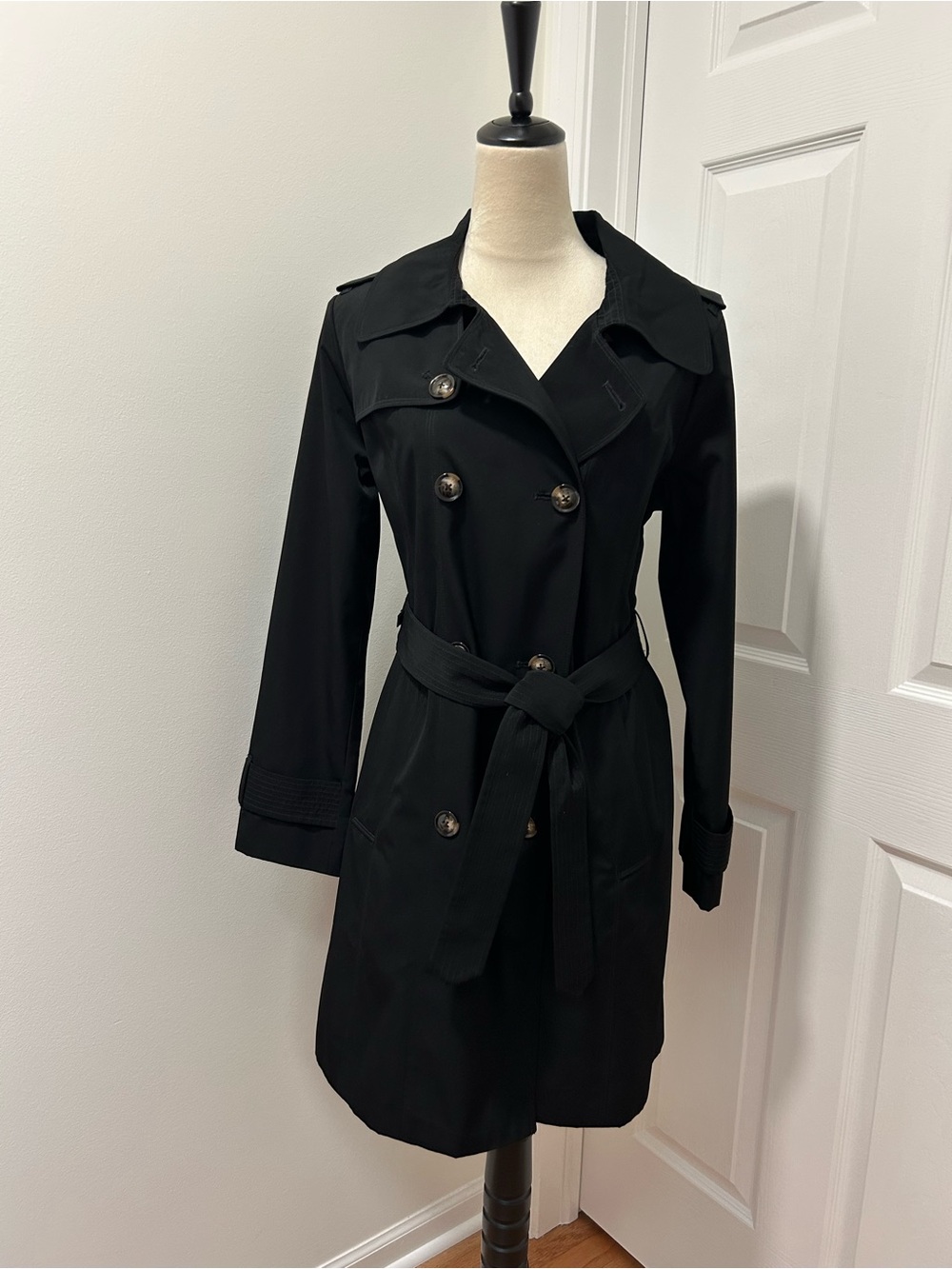 London Fog Black Double-Breasted Trench with Waist Tie